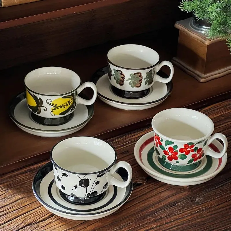 Tasses à café en céramique peintes à la main et soucoupe ensemble Vintage ménage après-midi thé cadeau délicat petit déjeuner lait