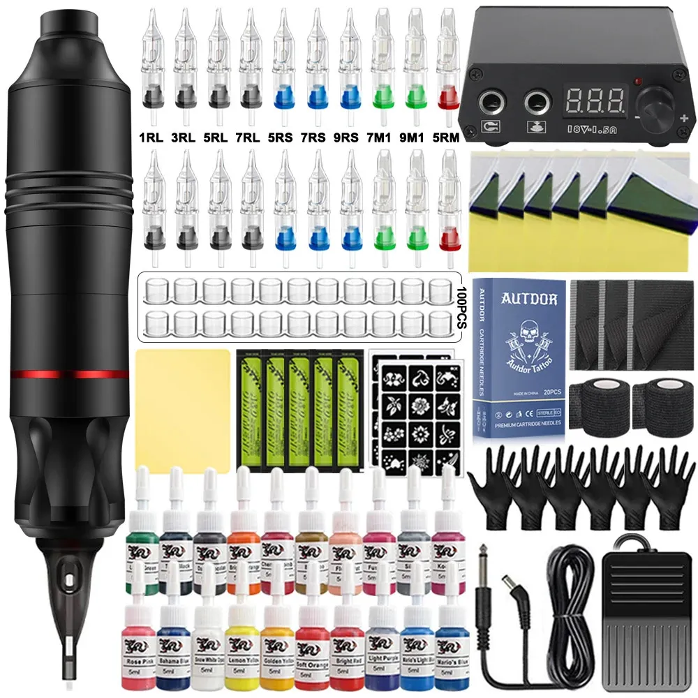 Tattoo Pen Machine Kit Professional Rotary Set With Power Supply Cartridge Needles Ink för nybörjare 240322