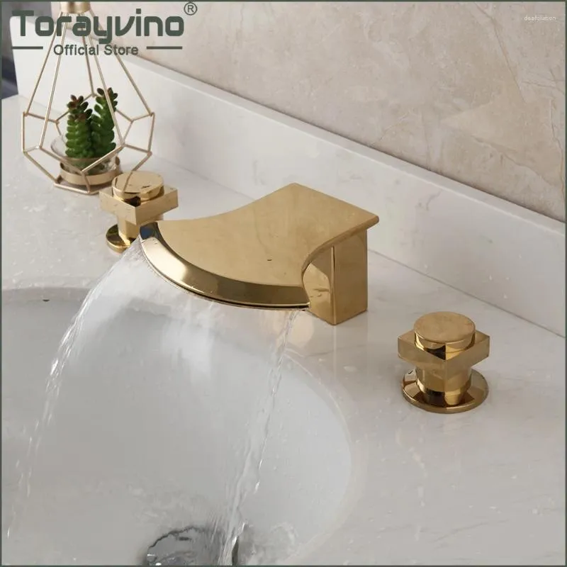 Bathroom Sink Faucets Torayvino 3 Pcs Bathtub Faucet Golden Plated Basin Deck Mounted Double Handle Waterfall Spout Mixer Tap