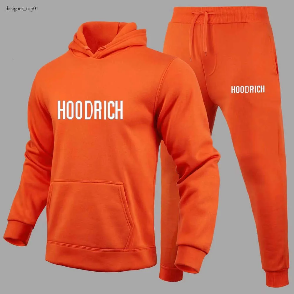 2023 Esportes de inverno Hoodrich Conjunto de moletom com capuz para homens Carta Toalha Bordado Moletom de inverno Hoodrich Hoodies para homens Conjuntos de suéteres sólidos azuis coloridos