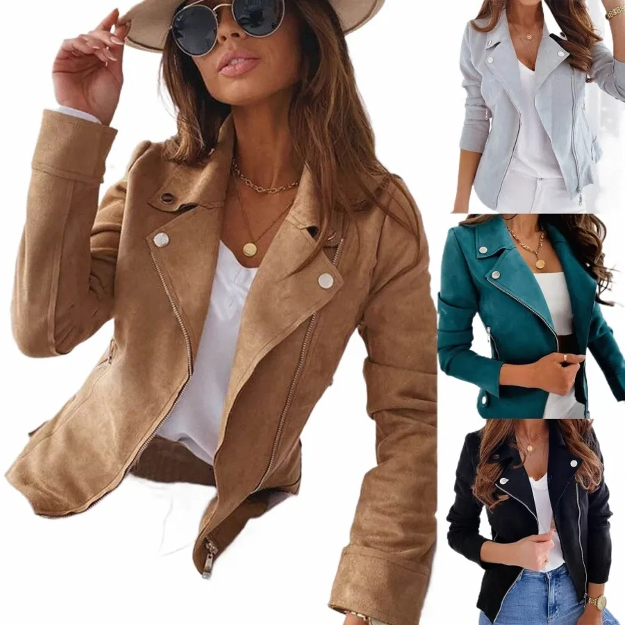 women's Leather Jacket for Women 2023 Lg Sleeve Zipper Pockets Moto Crop Jacket Coats Streetwear Fi Biker Casual Coats O22G#