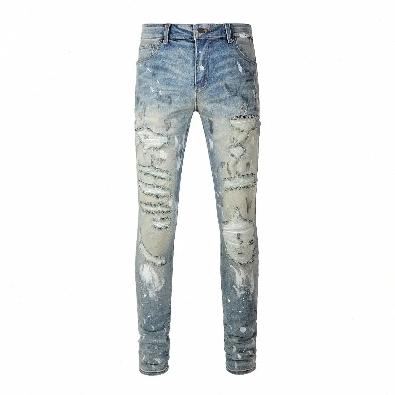 Jeans uomo denim elasticizzato strappato con fori streetwear Pantaloni skinny affusolati dipinti distred Pantaloni vintage a89O #