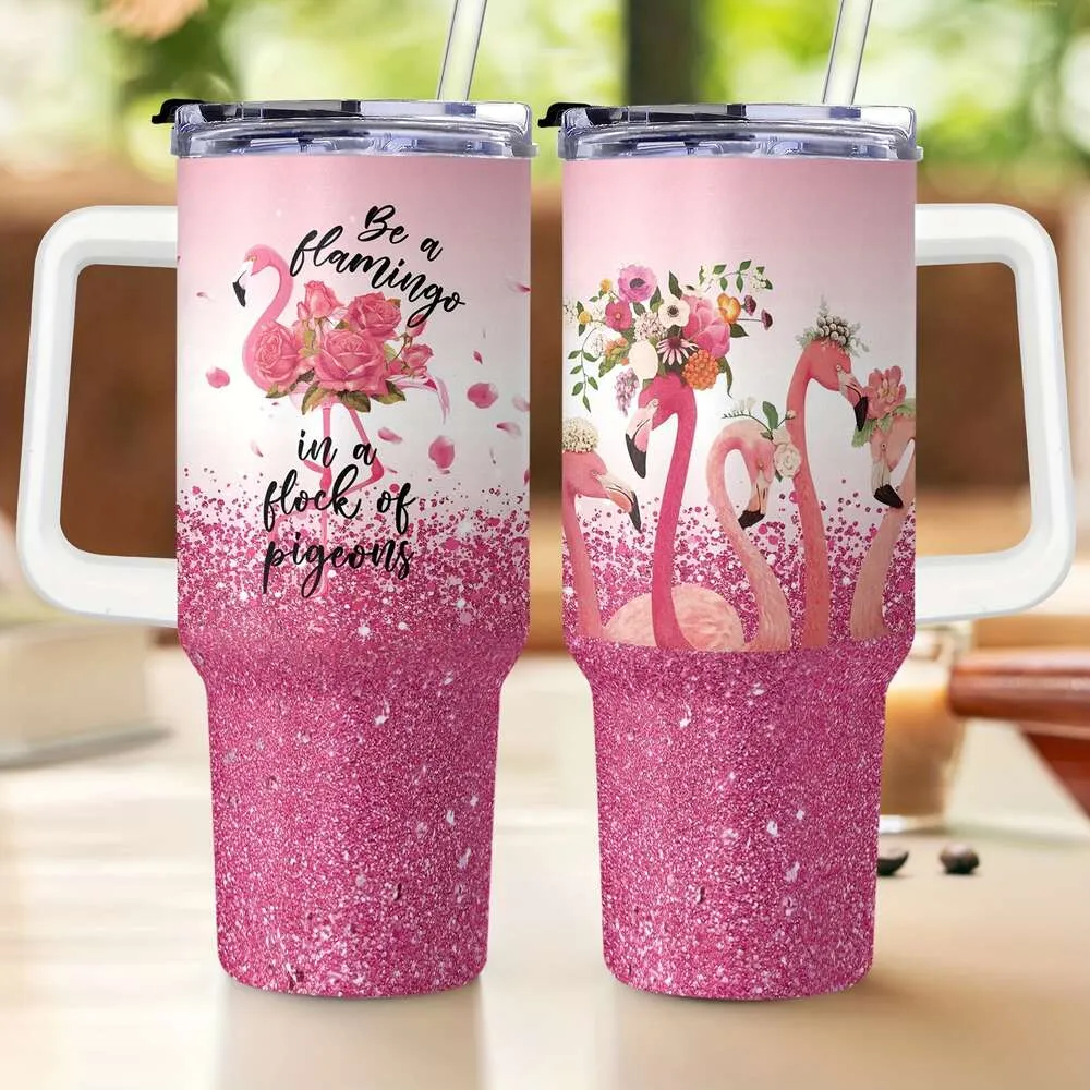 1 st flamingo 40oz tumbler handgreep en stro geïsoleerde bekercontainer reismok met deksel dubbele wandroestvrij staal BPA-vrij voor sport