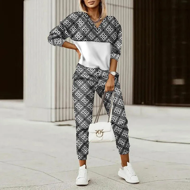 Spring Casual Sport Outfits Two Piece Set For Women Tracksuit Autumn Fashion Chain Print Långärmad Top Pencil Pants 240326