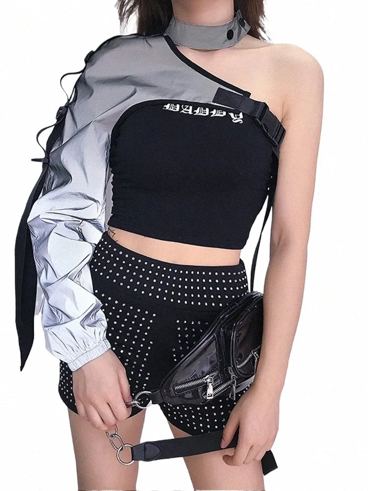 Cropped Jacket Jacket On One Shoulder Y2K Reflective Cropped