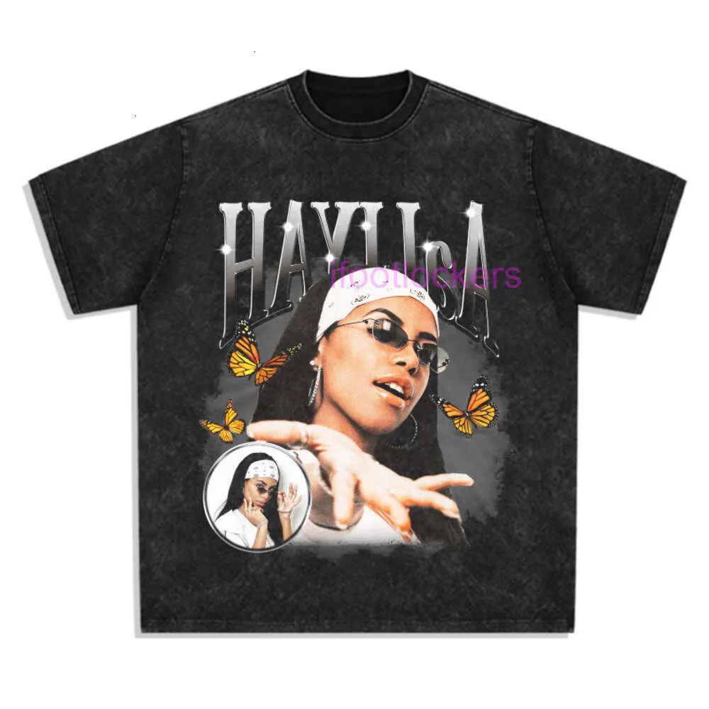 Tasarımcı T Shirt Erkek Polo Vintage Hip Hop Aaliyah Baskılı Kısa Kollu T-Shirt Su Yıkanmış Ağır Saf Pamuk Yuvarlak Boyun Uzun Kollu Yabancı Mallar