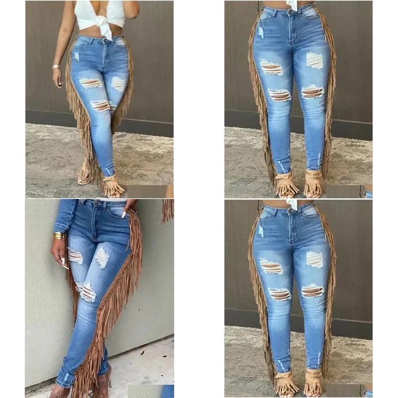 Pantalon de taille plus pour femmes LW Summer Jeans Tassel Design Ripped Skinny Ladies Y2K High Street Cargo Pants240318 Drop Delivery Apparel Otqo0