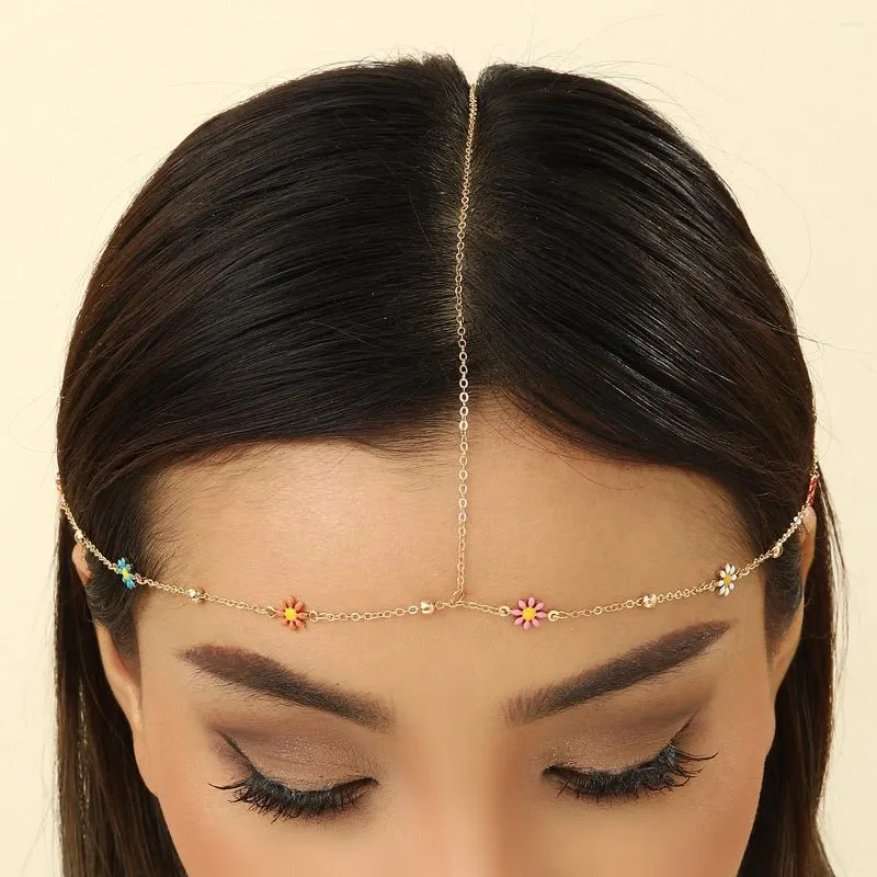 Pinces à cheveux QIAMNI Bohème Coloré Fleur Chaînes Tête Accessoires Décoration Coiffures Casque Bijoux Pour Femmes Mariage Bar Diadème