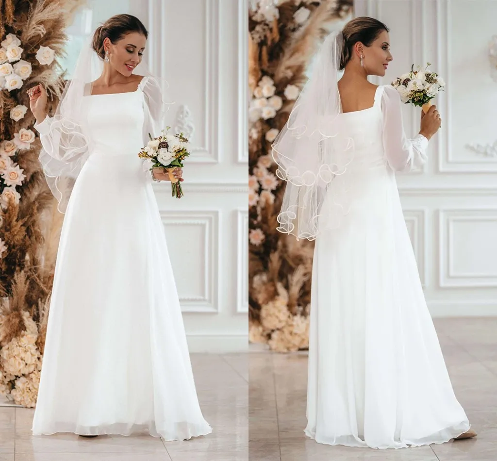 Elegant Chiffon Wedding Dress: Square Neck, Long Sleeves, Boho Beach Bridal  Gown, Floor Length Reception Party Robe