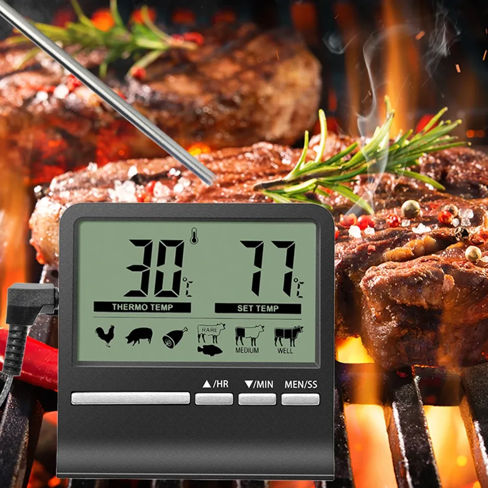 Calibri Cucina digitale Barbecue Termometro per alimenti Sonda Misuratore Forno esterno Cottura della carne Allarme Timer Strumenti di misurazione