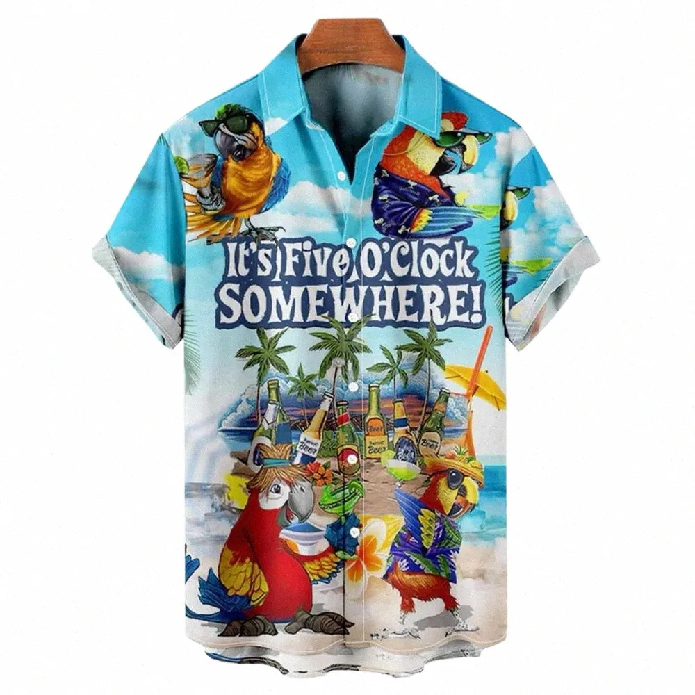 Camiseta havaiana masculina, camisa com estampa de papagaio, manga curta, verão, praia, vacati, camisa para homens, lapela fi, roupas masculinas h5QC #