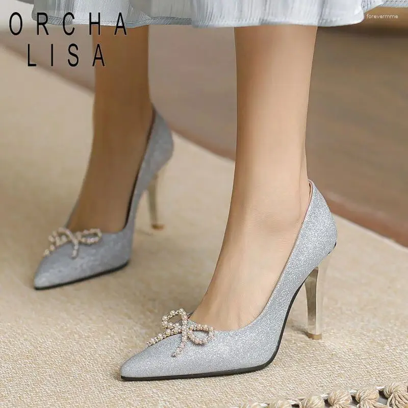 Модельные туфли ORCHA LISA, 9 см, с бантом на тонком высоком каблуке, вечерние офисные женские туфли-лодочки с острым носком, летние женские туфли на шпильке 32 43, серебряная свадьба