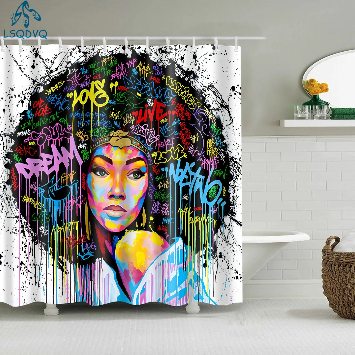 African American Afro Black Girl Women Art Design Graffiti Badrumduschgardiner Vattentät polyester med krokar 240328