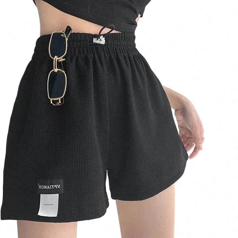 Freeship Women High Taist Casual Waffle Shorts Black Aesthetic Pockets Pantalon Loose Corée HARAJUKU FI Bottodoor Bottodoor U5ML #