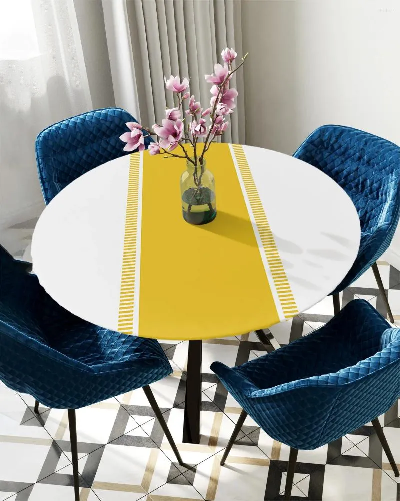 Toalha de mesa redonda com textura de listra amarela, capa elástica para áreas internas e externas à prova d'água, acessórios de decoração de jantar