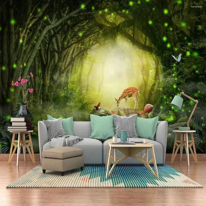 Tapety Milofi Niestandardowa duża tapeta Mural 3D Modern Fantasy Green Forest Elk Elk TV