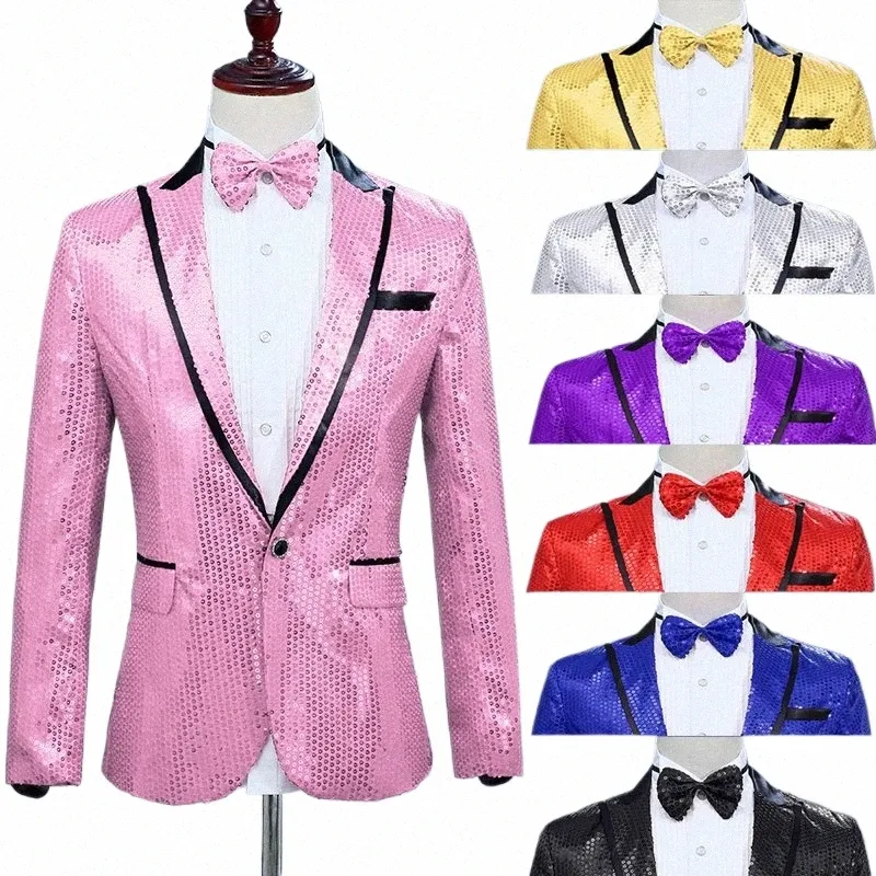 5XL Plus Taille Discothèque Chanteur Costume Mâle Scène Veste Mariage Sequin Blazer Pour Hommes Rose Violet Royal Bleu Or Rouge 35hV #