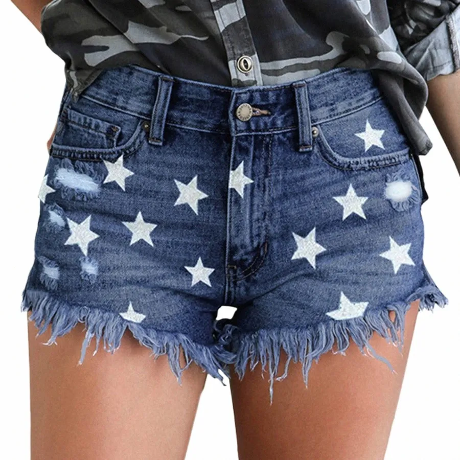 Fi Tassel Otwory Dżinsy Krótkie kobiety Summer High Street Star Print Mid Wase Dżinsy Denim Spods Summer Chic Korean Denim Shorts H8NQ#