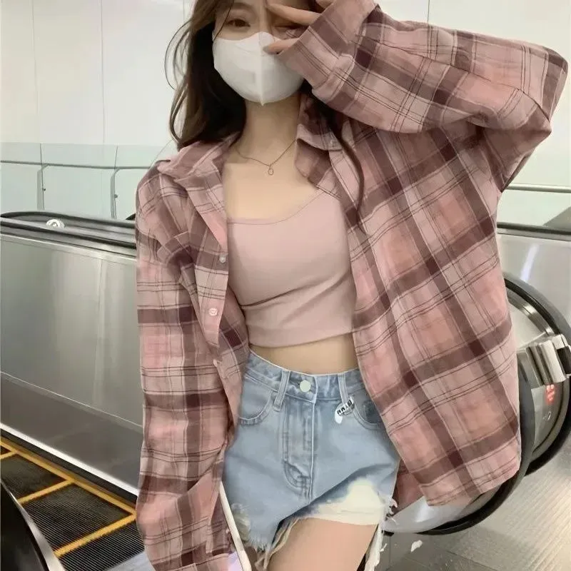 Frauen Plaid Bluse Shirt Koreanische Mode Langarm Grün Rosa Tops Weibliche Taste Up Harajuku Grundlegende Kleidung 240328