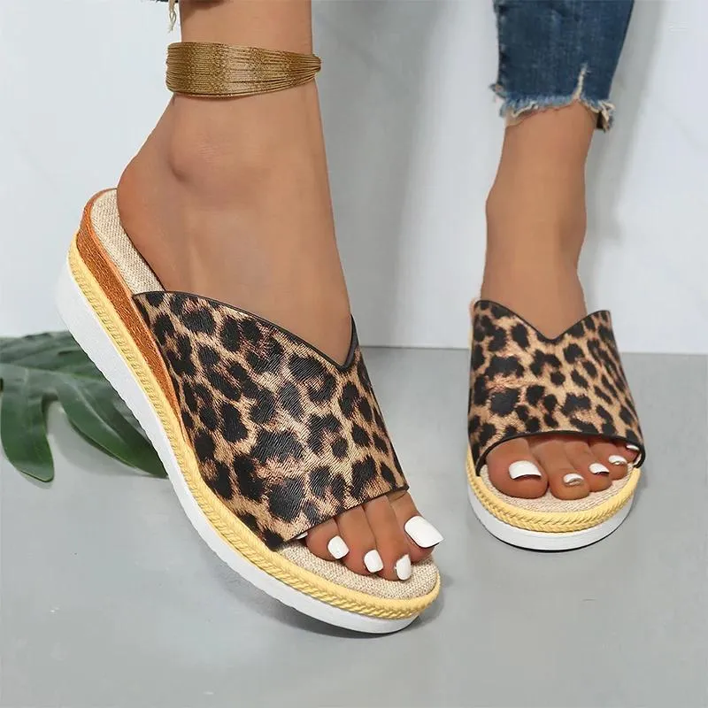 Slippers Leopard Wedges High Heels Women Shoes Sandals Platform Beach Dress Flip Flops 2024 Fashion Pumps Brand Mujer Slides