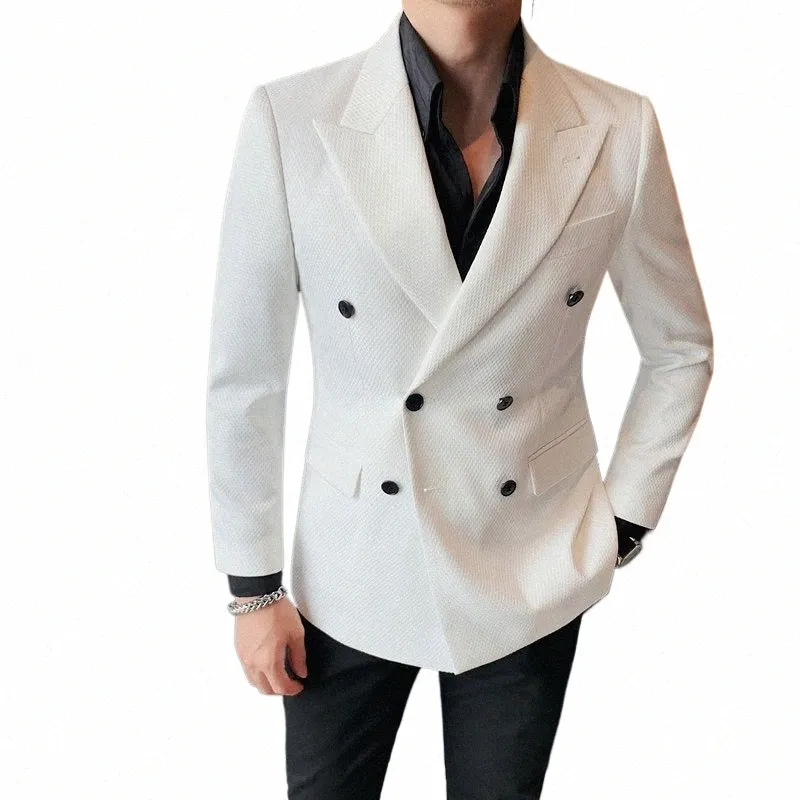 Black White Double Breasted Suit Jacket Slim Fit Formal - Main Image