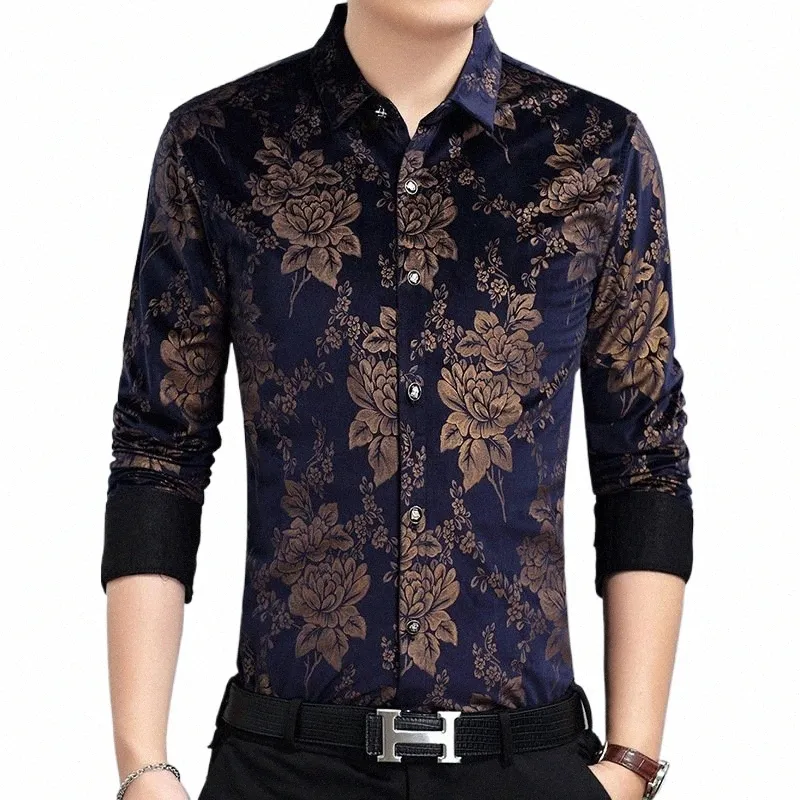 Heren Casual Zijden Shirts Formele Bloemen Kraagvorm Zwart Blauw Veet Shirt Slim Fit Fr Patroon Shirts Herfst Lente A166 #