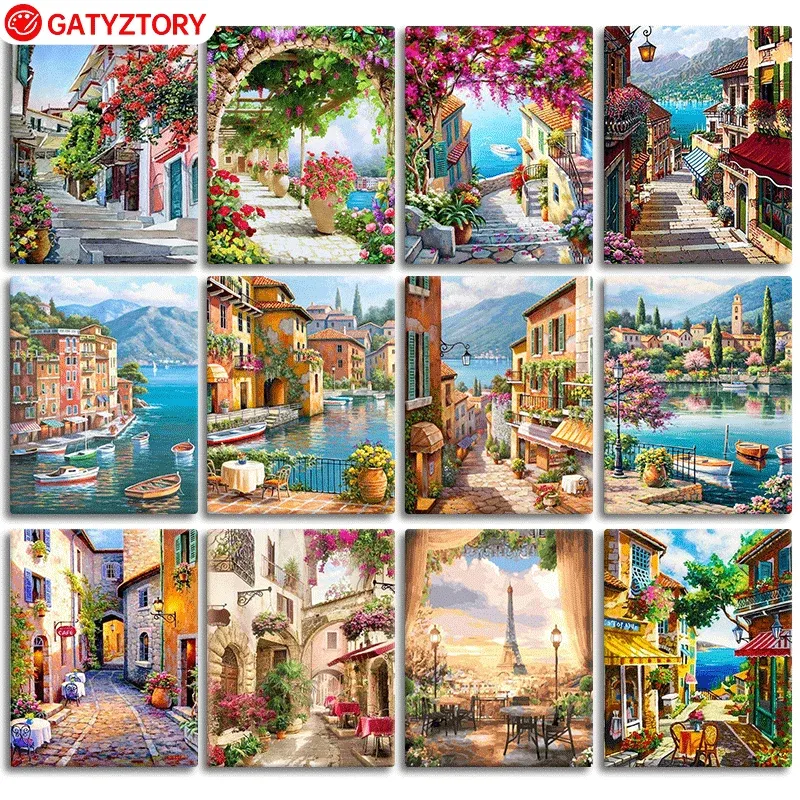 Schroevendraaiers Gatyztory Pintura por Números para Adultos Crianças Seaside Town Diy Pintura a Óleo Pintada à Mão Imagem de Paisagem Decoração de Parede de Casa Presente