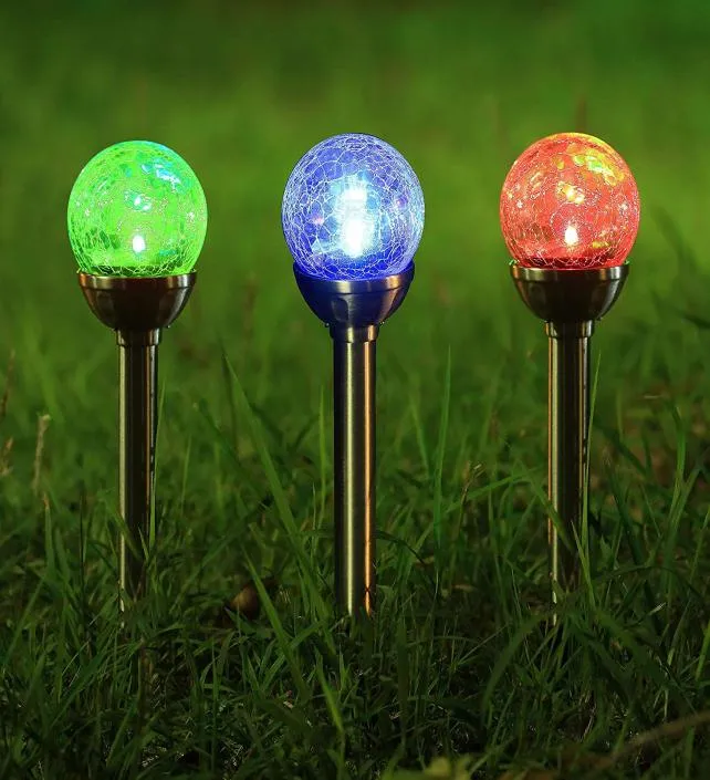 Solar Pathway Lights Crackle Glass Globe Solar Lights Outdoor Color Changing Stainless Steel Solar Garden Lights1497136