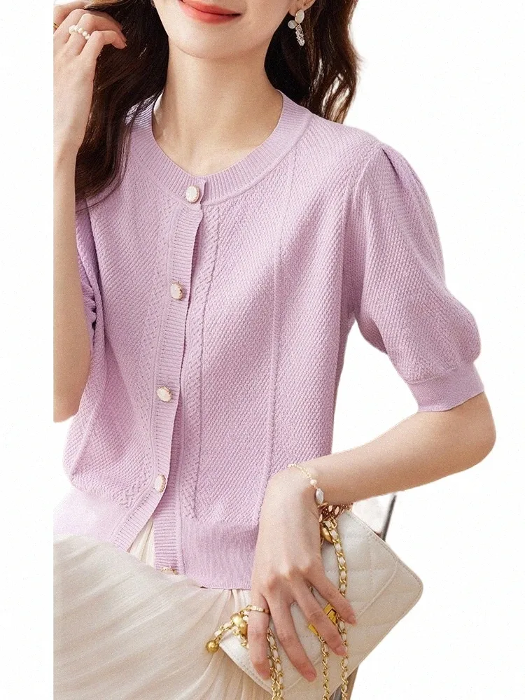 Sentubila Cardigans tricotés violets pour femmes, élégants, col en V, demi-manches bouffantes, droites, nouveau pull en tricot, 38mA #, été 2023