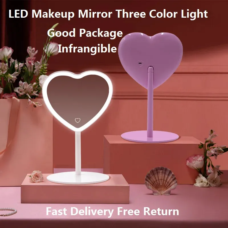 데스크톱 LED 심장 모양 허영 거울 조절 가능한 THREECOLOR LIGHT LIGNE COSMETY RECHARGEBLE MAKEUP MIRROR 240325