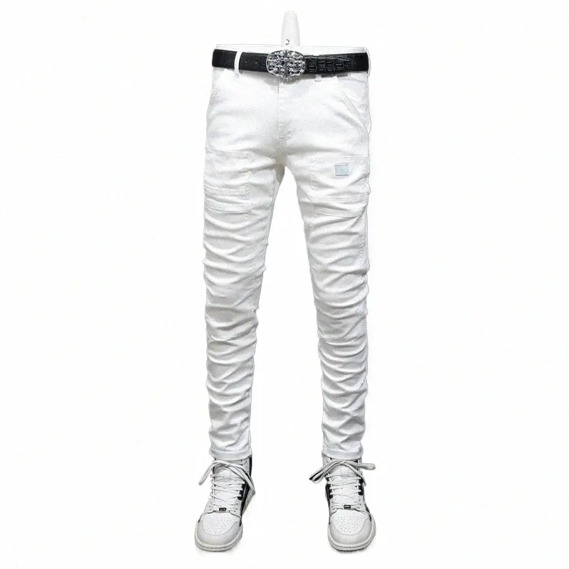 High Street Fi Men Jeans Blanc Elastic Stretch Skinny Jeans Men Multi Pockets Spliced Designer Hip Hop Denim Pants Hombre T69o #