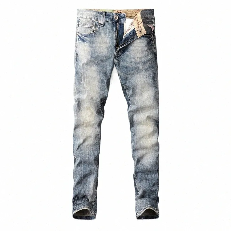 italiensk stil fi män jeans retro grå blå stretch smal fit rippade jeans män vintage designer byxor byx cott byxor m0oe#
