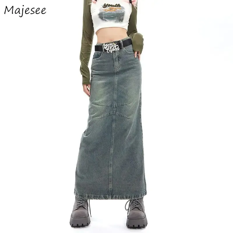 Maxi Denim spódnice Kobiety jesienne amerykańskie retro streetwear Y2K College Young Girls Chic Long Faldas Sexy Mujer prosty hipster 240328