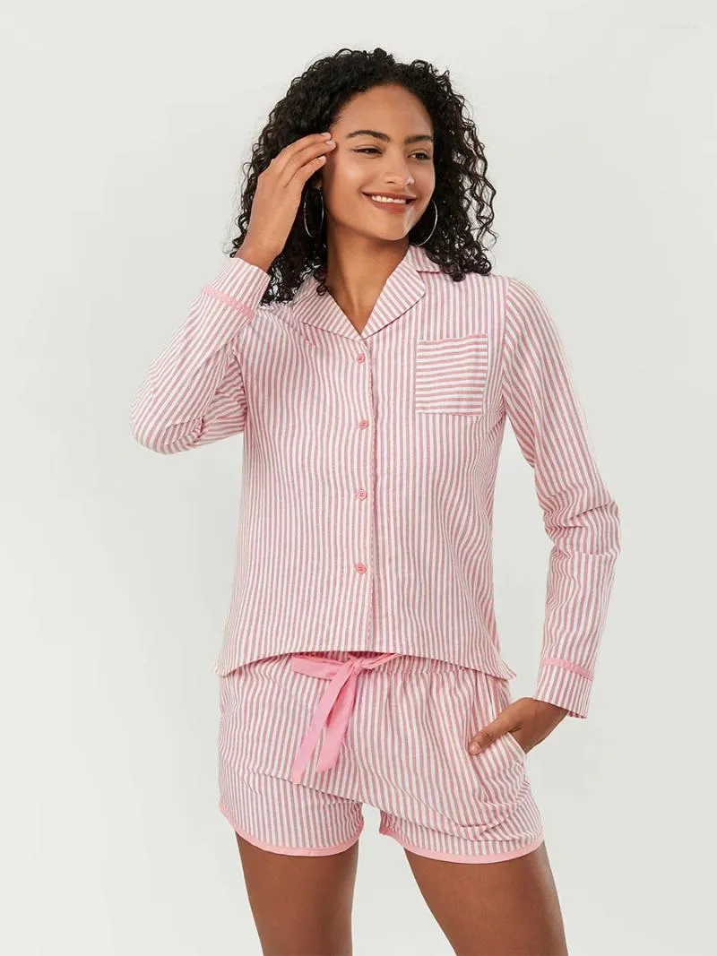 Home Clothing Women Striped 2 Piece Pajama Set Long Sleeve Button Down Shirt Elastic Wiast Lounge Shorts Summer Sleepwear Outfits