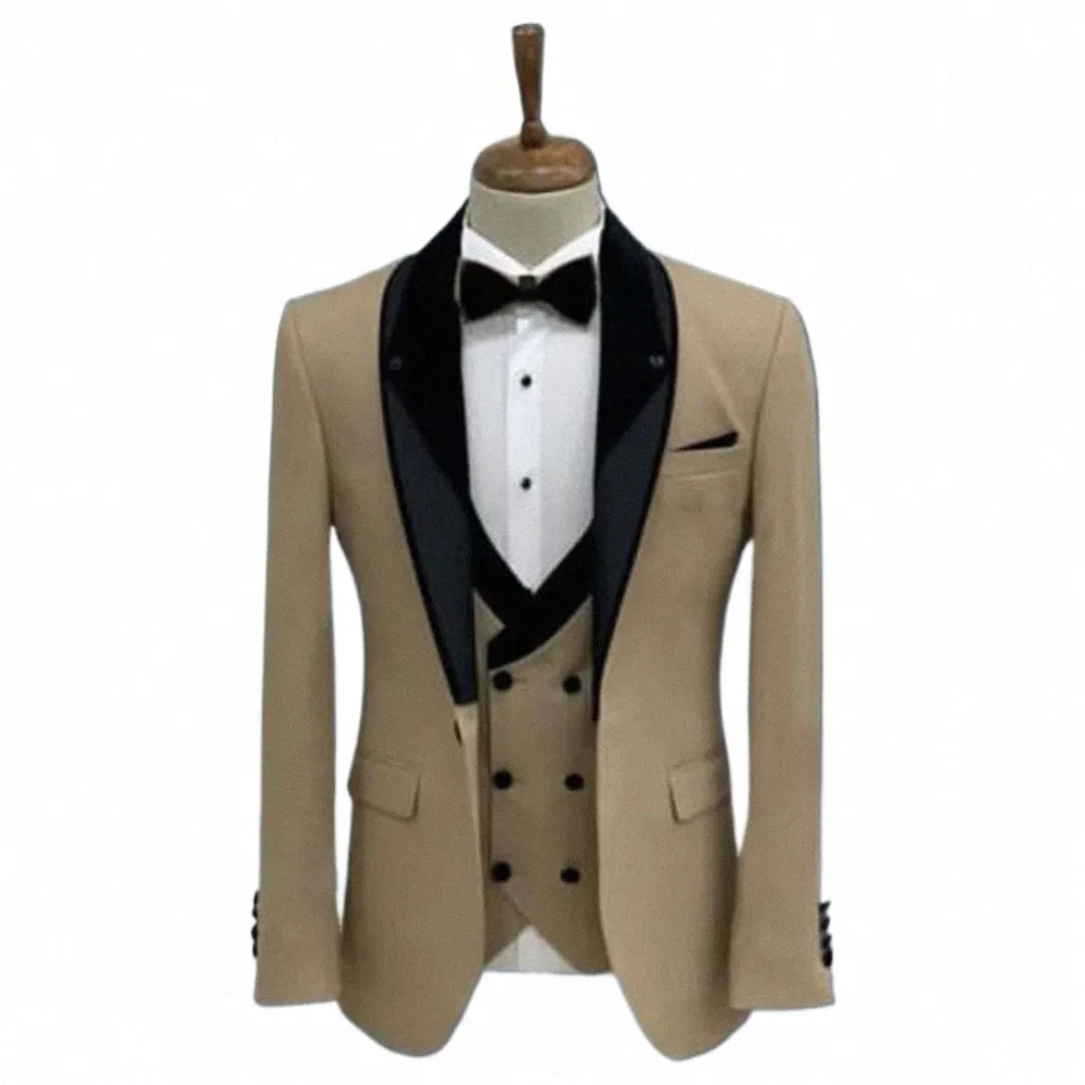 Green/Khaki Men's 3 Pieces Set Suits Groom Formal Wedding Tuxedos Blazer Classic Fit Groomsmens Wear Prom Dr Jacket+Vest+Pant D3DR#