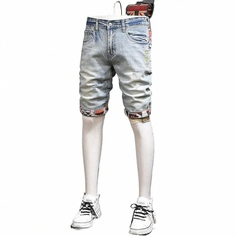 Gescheurde Denim Shorts Mannen Fi Plaid Patchwork Korte Jeans Streetwear Casual Lichtblauw Cott Rechte Broek k1oQ #