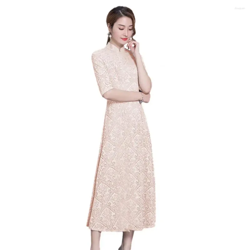 Casual Dresses Women Dress Stand Collar Chinese Retro Style Half Sleeves A-line Qipao Big Hem Printed Midi