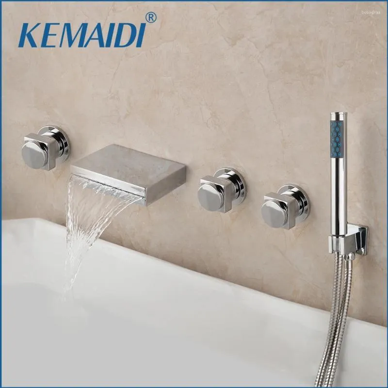 Torneiras de pia do banheiro KEMAIDI Banheira 3 alças 5 pcs Torneira de latão sólido Cachoeira Roman Mixer Taps Filler Handshower Chrome