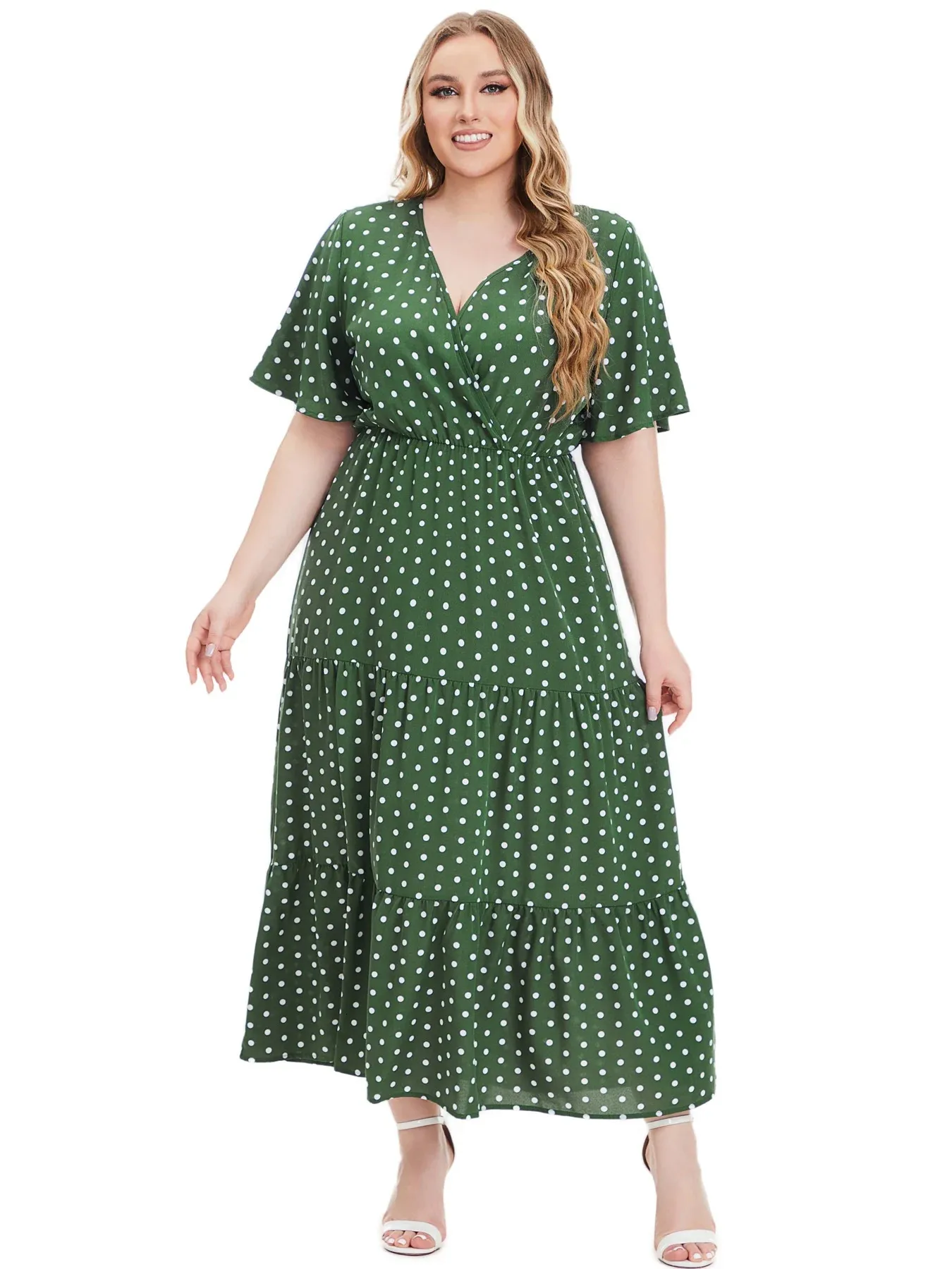 Plus Size Polka Dot Print Surplice Neck Kort ärm Tee Ruched Bohemian Dresses for Women 240319