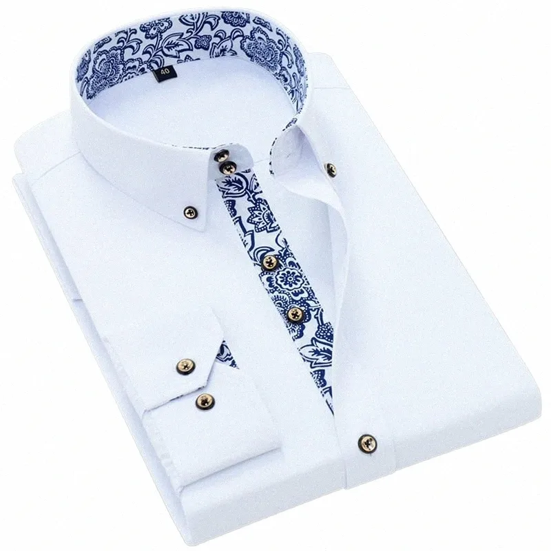 Camisa de colarinho de porcelana azul e branco Homens Lg Manga Coreano SlimFit Casual Busin Dr Camisas Cor Sólida Camisa Branca Cott E0D5 #