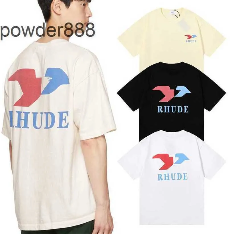 Summer American Fashion Brand Rhude Minimalist Printing High Quality Double Yarn Cotton Kortärmad t-shirt för män och kvinnor