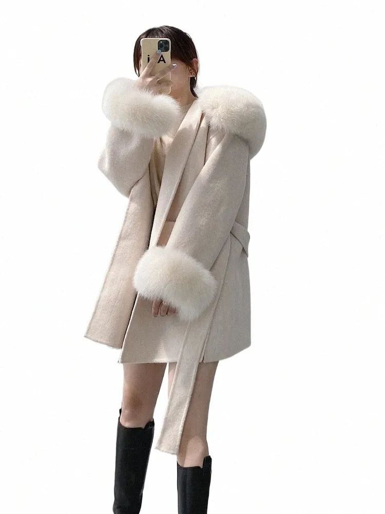 2023本物の毛皮のコート新しい特大の女性アウターウェア冬ジャケット女性天然キツネの毛皮の襟カフスフードcmereウールウールT0JX＃