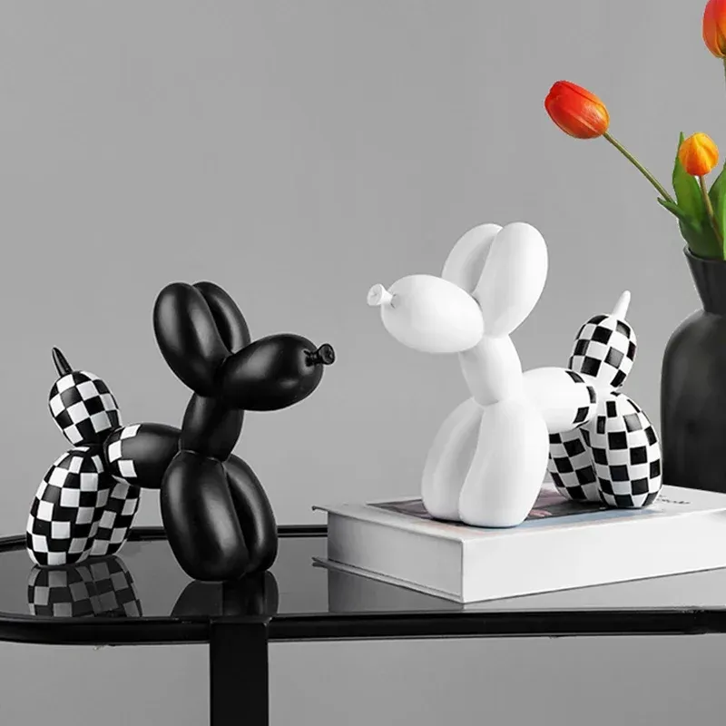 Sculptures Damier Ballon Chien Sculpture Animal Décoration Figurines Bureau Décor À La Maison Chien Statue Noir Abstrait Moderne Artisanat