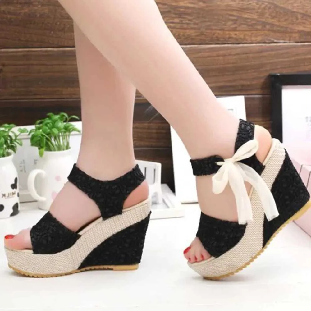 Sandaler 2023 Ins Hot Lace Casual Womens Wedge High Heels Shoes 2020 Summer Party Platform H2403286EXN