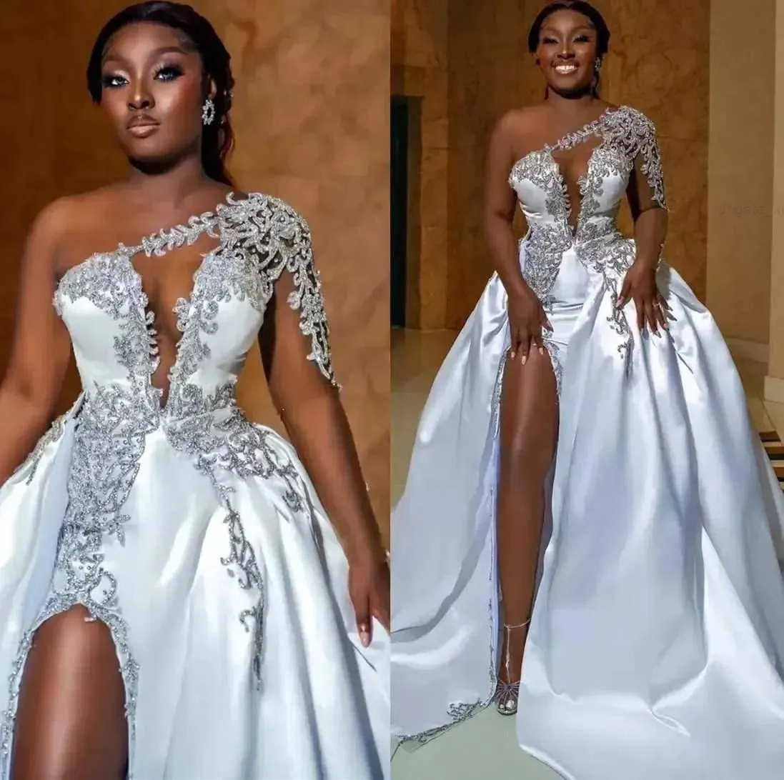 ASO EBI African Sexy High Split Wedding Dresses A Line One Shoulder Beaded Appliques Keyhole Neck Slit Bridal Gowns Plus Size Robes BC14877 2023