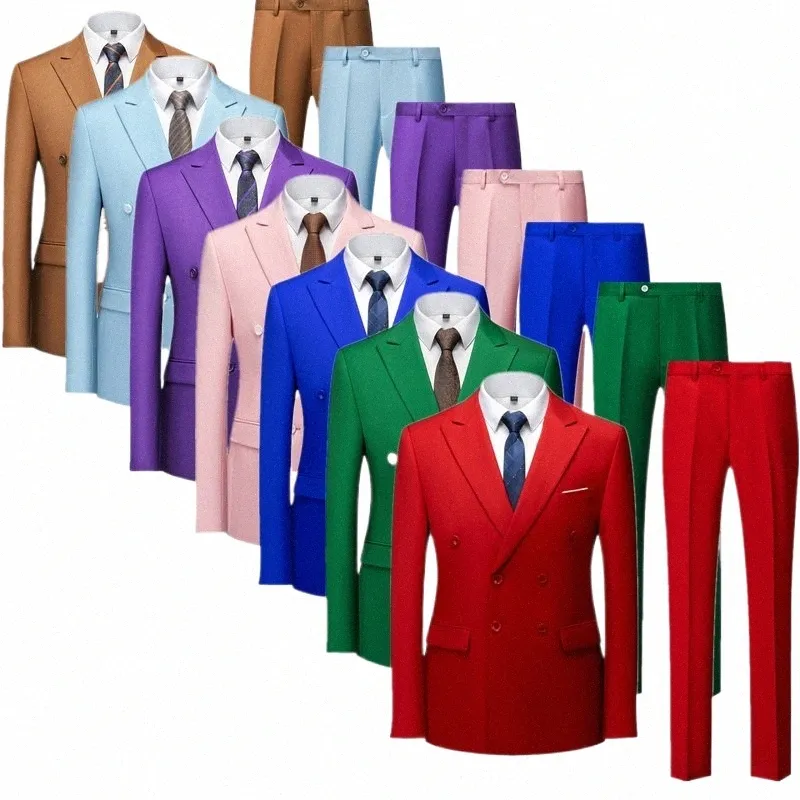 Costume à double boutonnage de couleur pure deux pièces pour hommes Fi Slim Dr Veste avec pantalon de mariage, Busin Hommes Ensembles Rouge Bleu Vert V4ur #