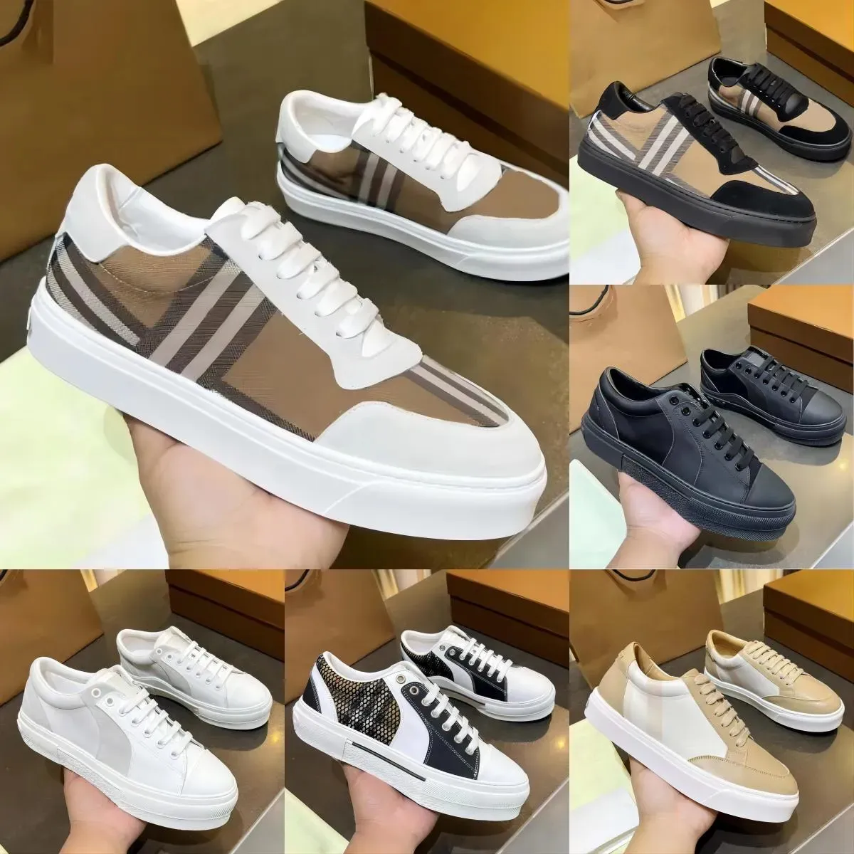 Designer Vintage Sneakers Check Shoes Lattice Men Casual Shoes Calfskin Embossed Leather Canvas Shoes Patched Nylon Trainers Platform Sneaker With Box