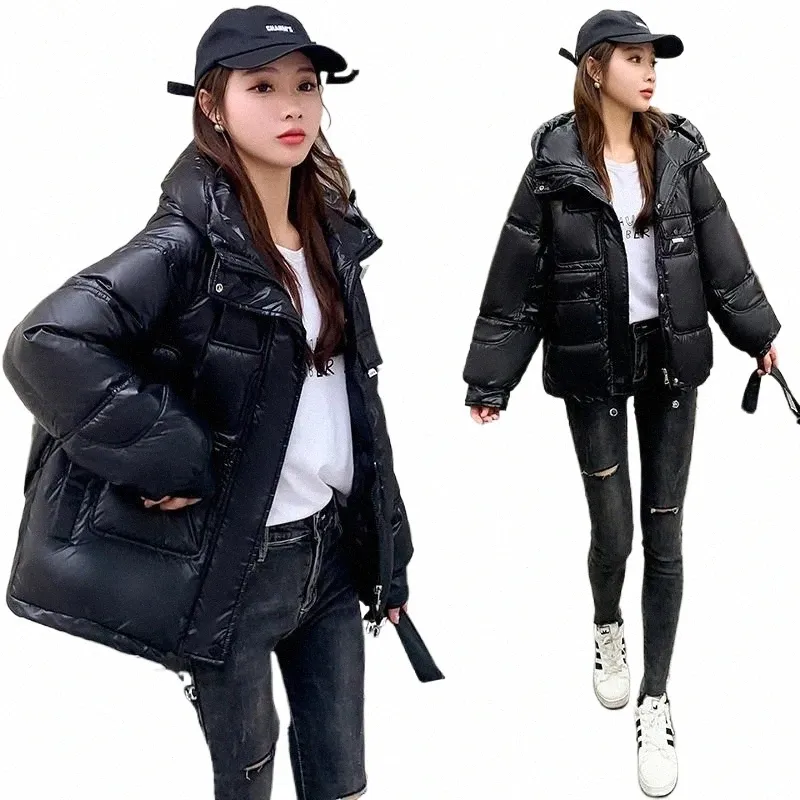 2023 neue Winterjacke Parkas Frauen Lose Glänzende Daunenjacke Weibliche Parka Mit Kapuze Kurze Warme Cott Gepolsterte Jacke Mantel c5Pj #