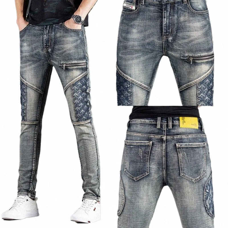 Fi Hommes Slim Fit Patchwork Jeans Mâle Rétro Distred Denim Pantalon Poche Brodée Y2K Punk Boyfriend Vintage Pantalon J3ZG #