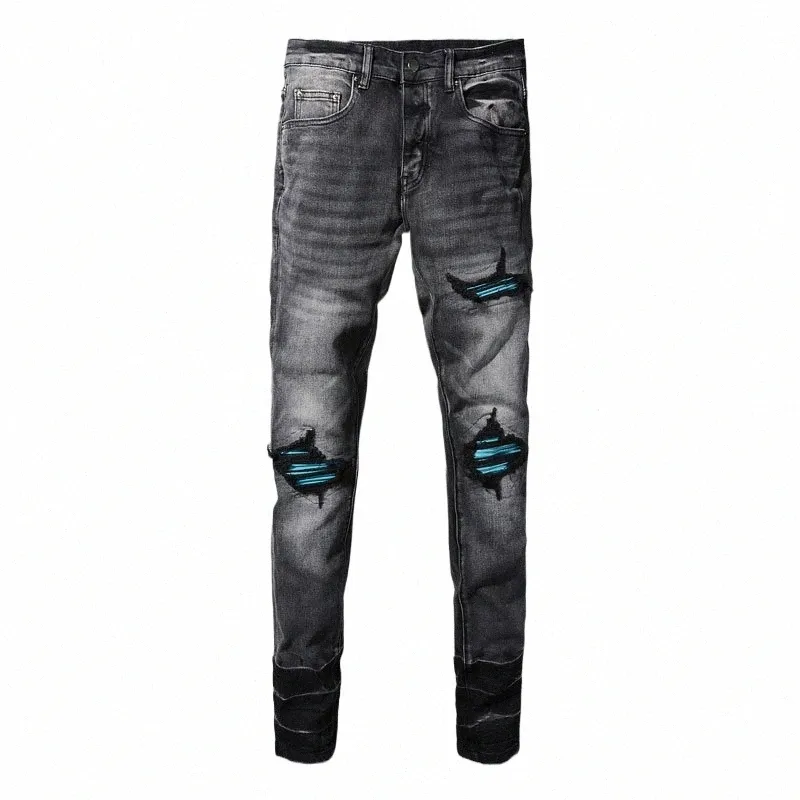 Street Fi Homens Jeans Retro Preto Cinza Stretch Skinny Fit Rasgado Jeans Homens Azul Couro Remendado Designer Hip Hop Marca Calças k3oZ #